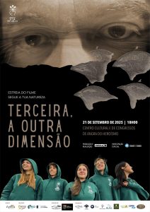 Cartaz oficial do filme "Terceira, a Outra Dimensão", com olhos humanos e ilustrações de aves sobre fundo escuro